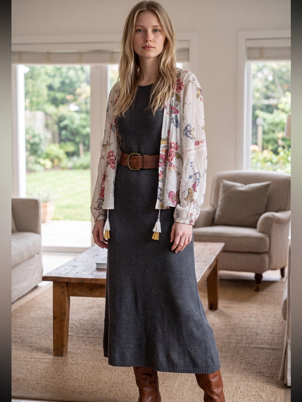 Kut from the Kloth White Floral Open Sheer Kimono Cardigan with Tassels